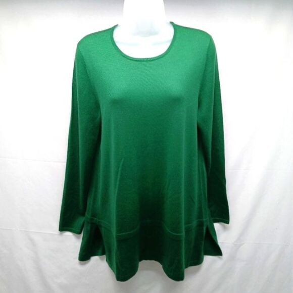 J. Jill Sweaters - J. Jill Merino Wool Washable Tunic Sweater Green Side Slits Scoop Neck XS Womans